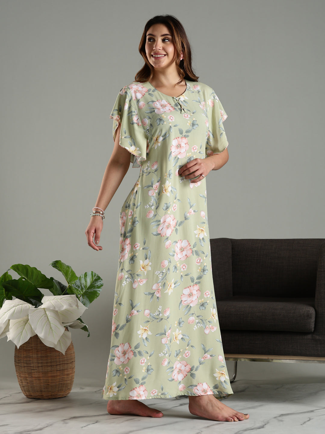 Olive Frock Type Nighty For Women with Side Pocket