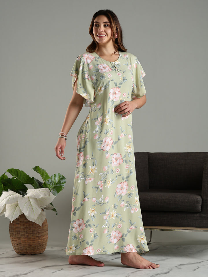 Olive Frock Type Nighty For Women with Side Pocket