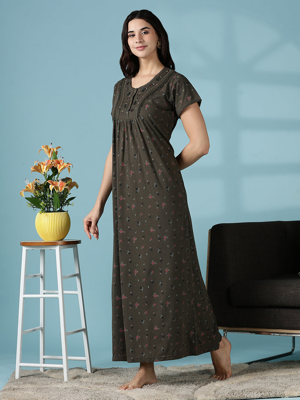 Dusty Olive Green Cotton Blend Nighty Dress for Women