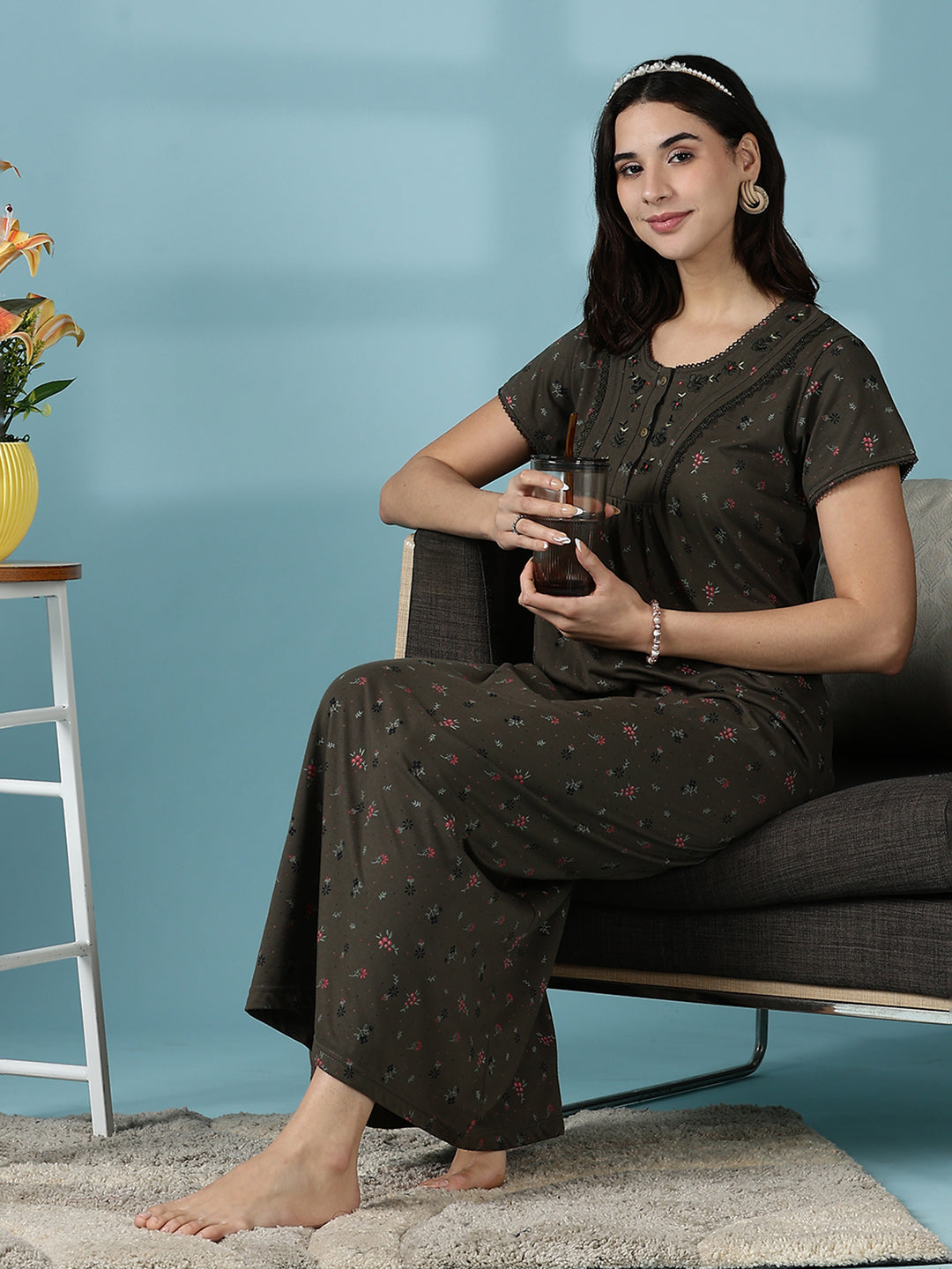 Dusty Olive Green Cotton Blend Nighty Dress for Women