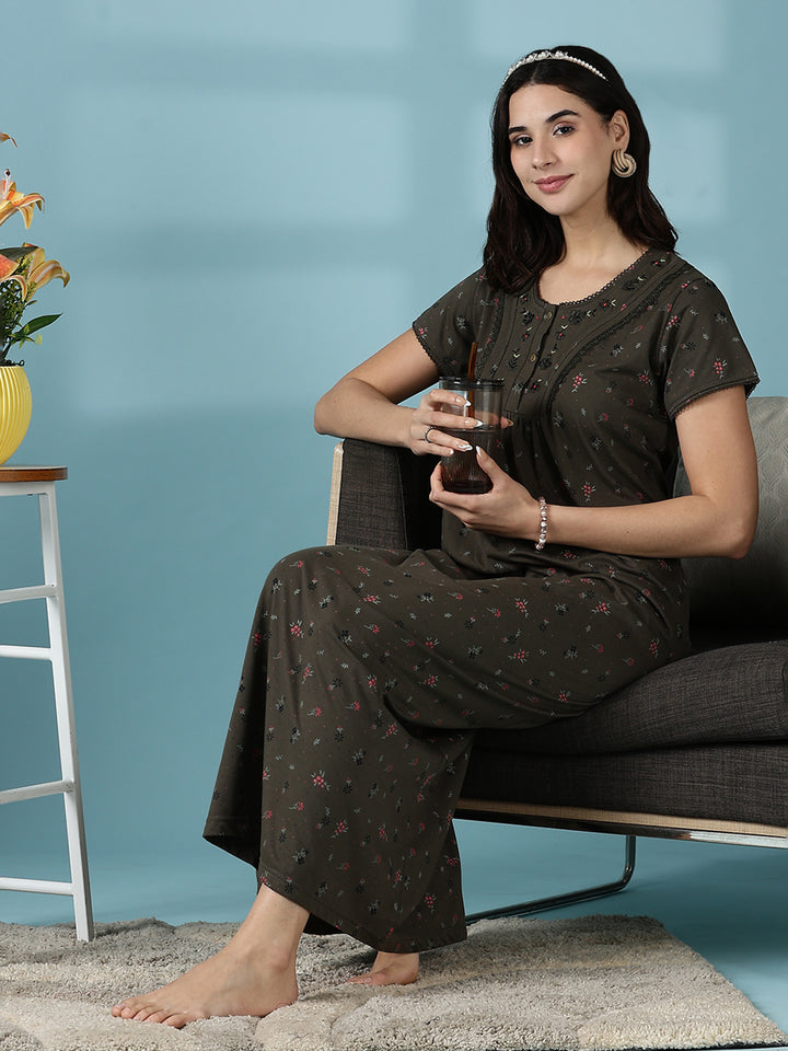 Dusty Olive Green Cotton Blend Nighty Dress for Women