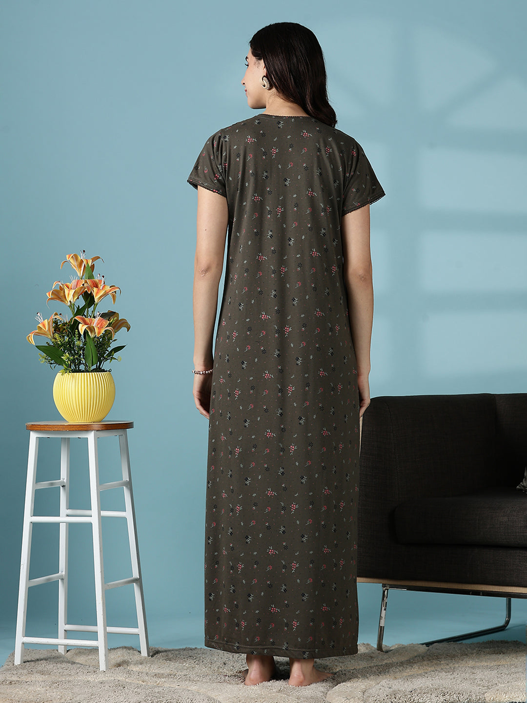 Dusty Olive Green Cotton Blend Nighty Dress for Women