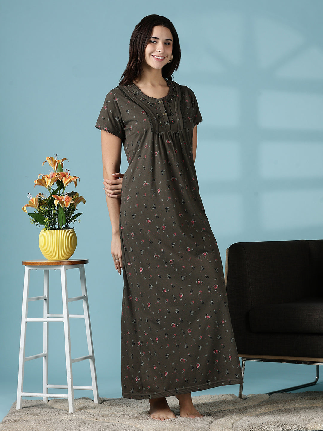 Dusty Olive Green Cotton Blend Nighty Dress for Women