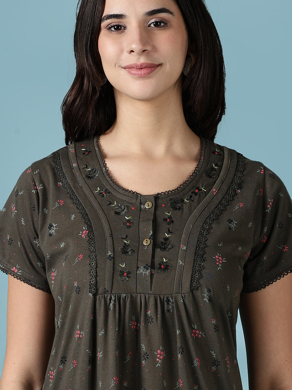 Dusty Olive Green Cotton Blend Nighty Dress for Women