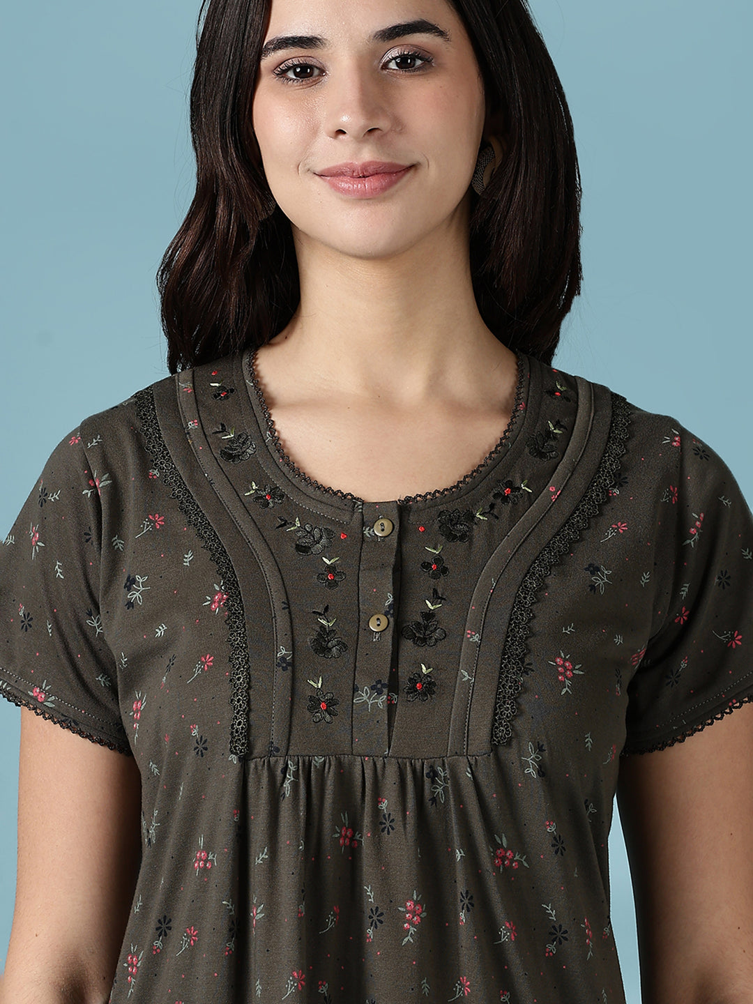 Dusty Olive Green Cotton Blend Nighty Dress for Women