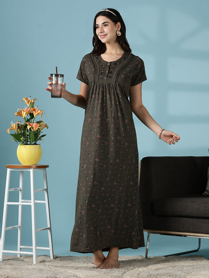 Buy Dusty Olive Green Cotton Blend Nighty Dress for Women – 9shines label
