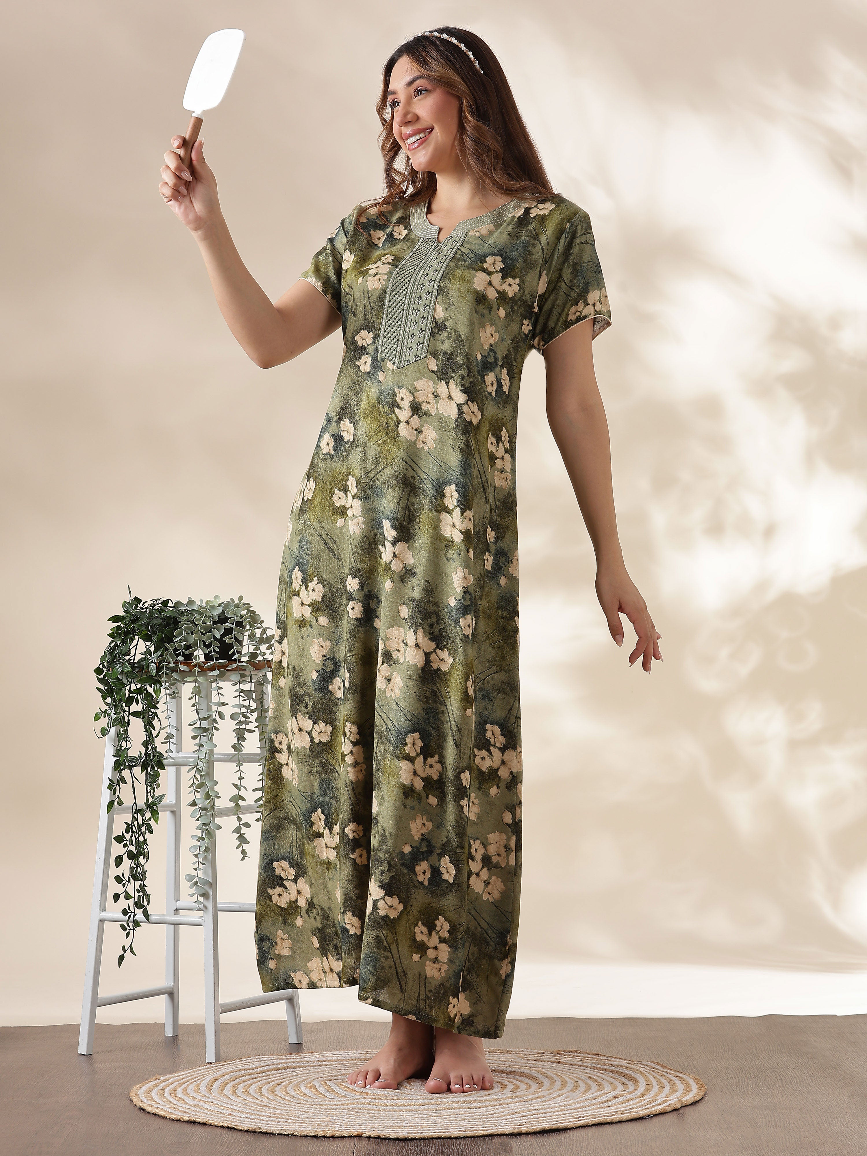 Shop Premium Olive Green Alpine Embroidered Nighty for Women