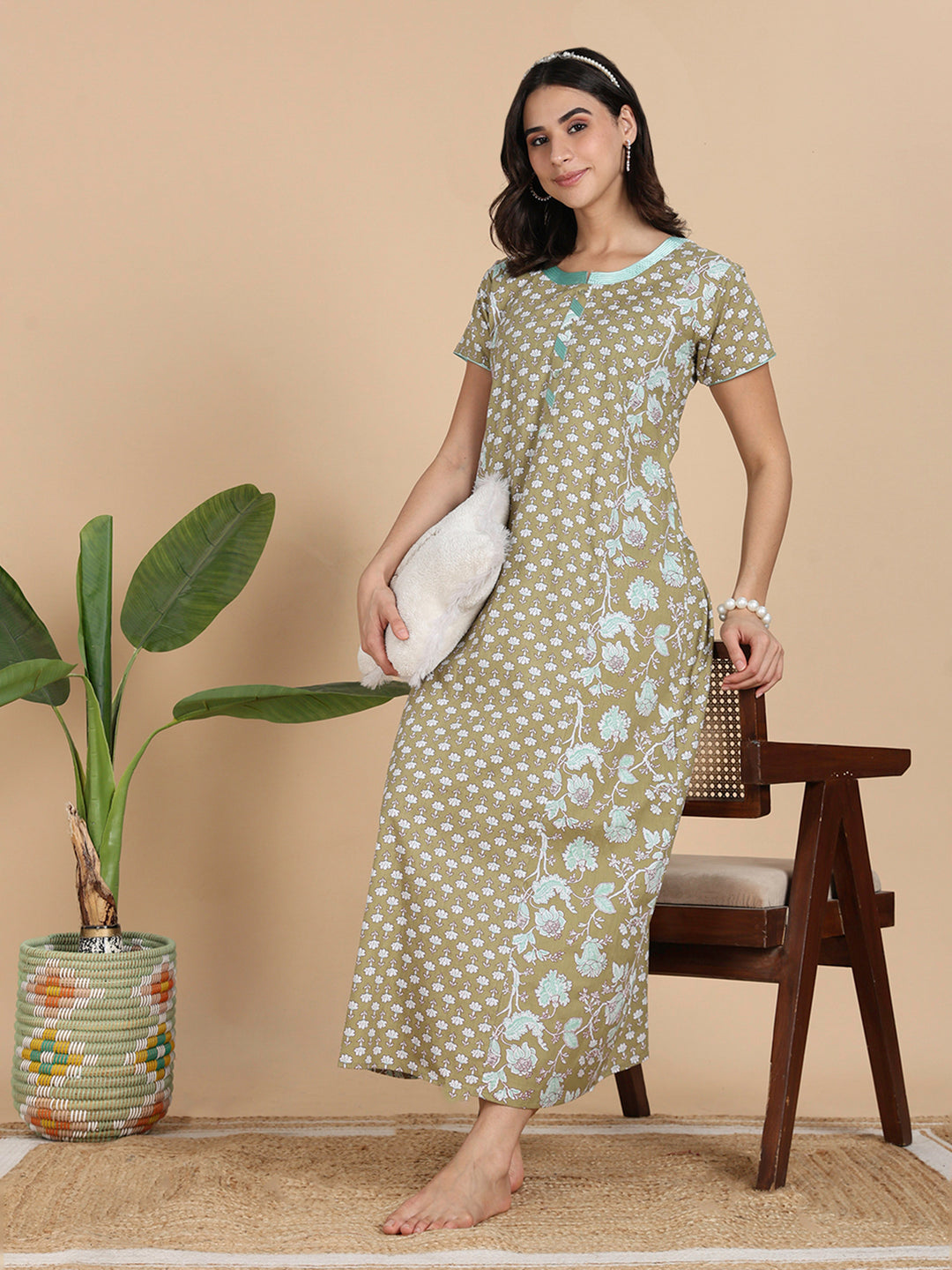 Shop Olive Green Cozy Cotton Night Dress Online with Pocket 9shines label Shop Olive Green Cozy Cotton Night Dress Online with Pocket 9shines label