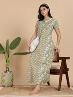 Olive Green Pure Cotton Nighty with Mint Contrast Neckline and Pocket