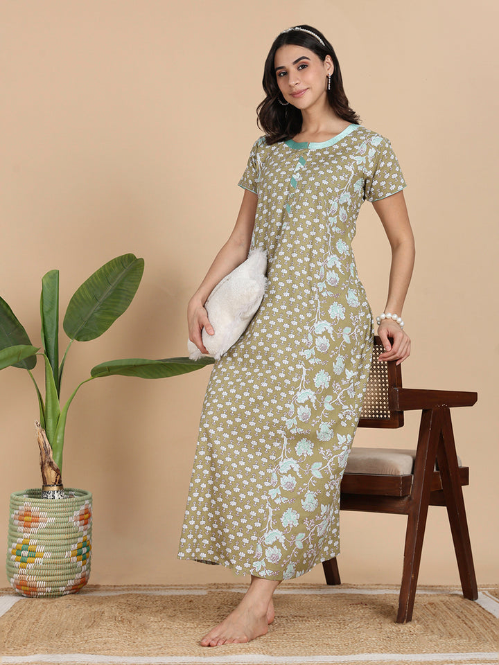 Olive Green Cozy Cotton Night Dress Online with Pocket