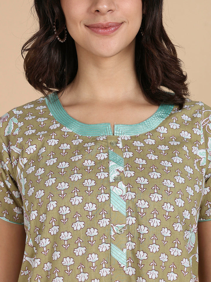 Olive Green Cozy Cotton Night Dress Online with Pocket