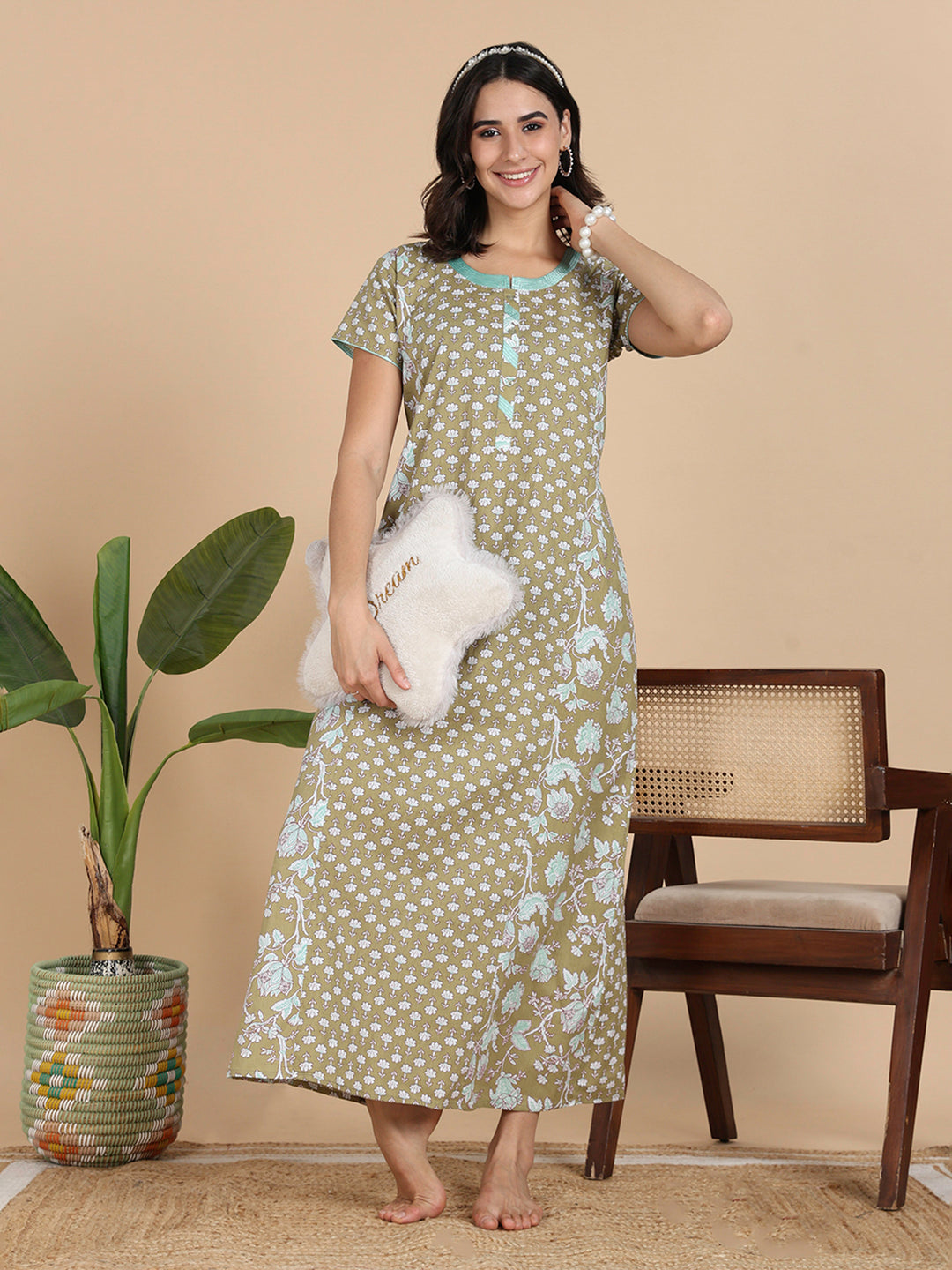 Olive Green Cozy Cotton Night Dress Online with Pocket