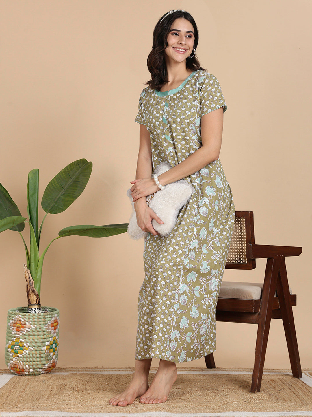 Olive Green Cozy Cotton Night Dress Online with Pocket