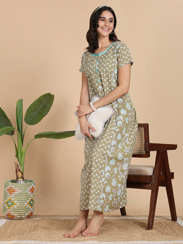 Olive Green Cozy Cotton Night Dress Online with Pocket