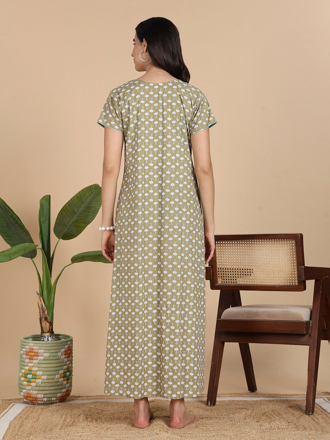 Olive Green Cozy Cotton Night Dress Online with Pocket