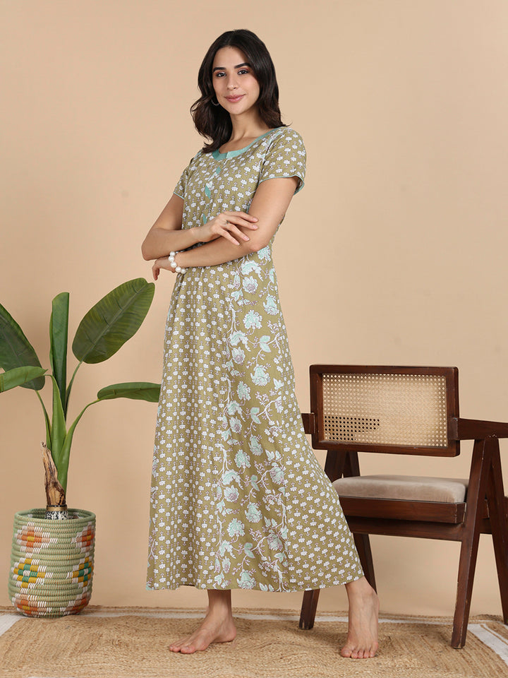 Olive Green Cozy Cotton Night Dress Online with Pocket