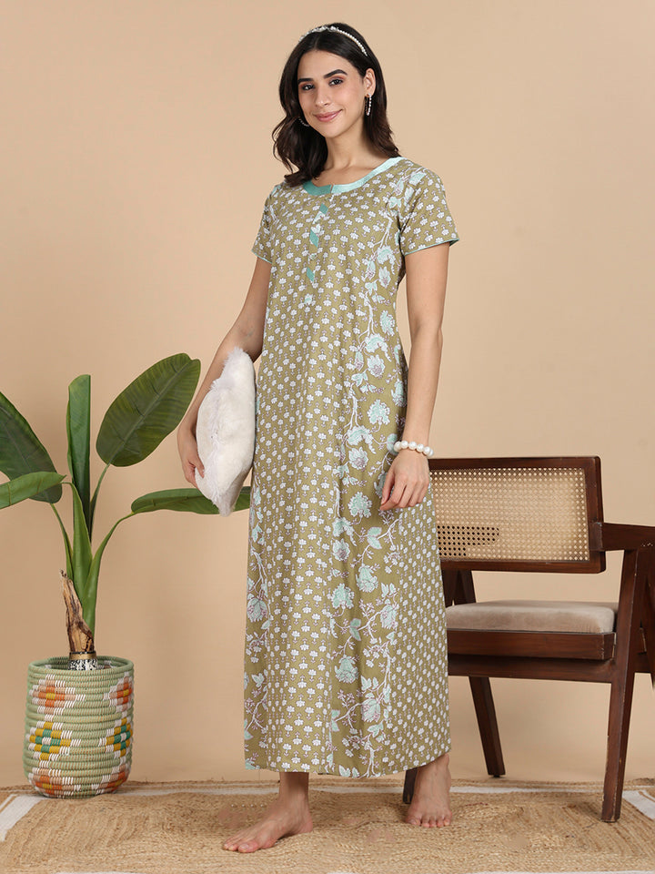 Olive Green Cozy Cotton Night Dress Online with Pocket