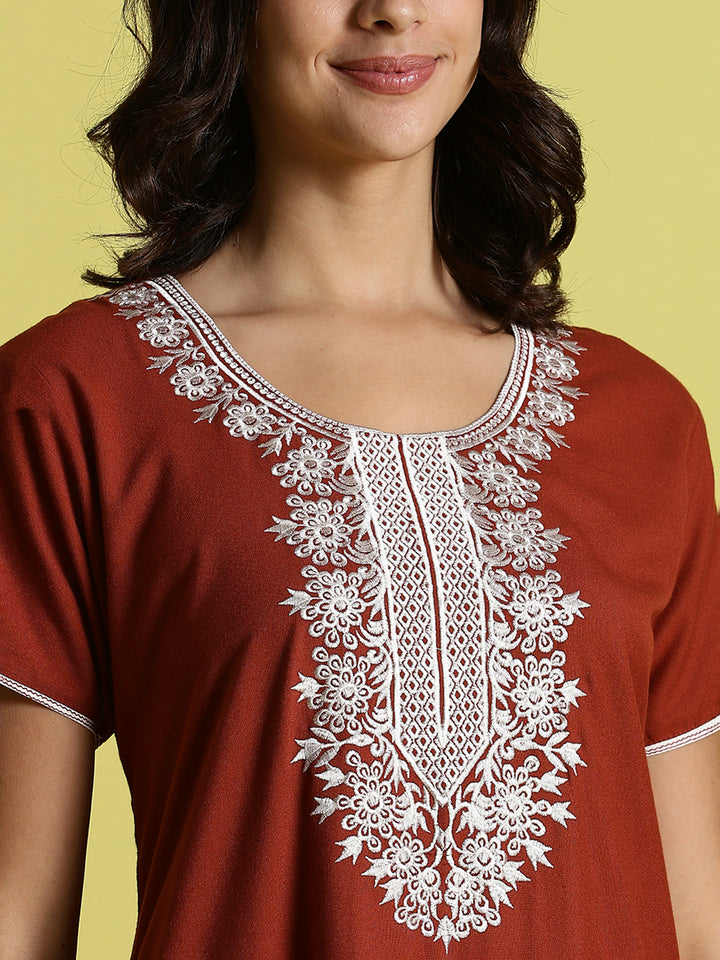 Sadabahar Orange Alpine Embroidered A-Line Designer Nighty with Pocket