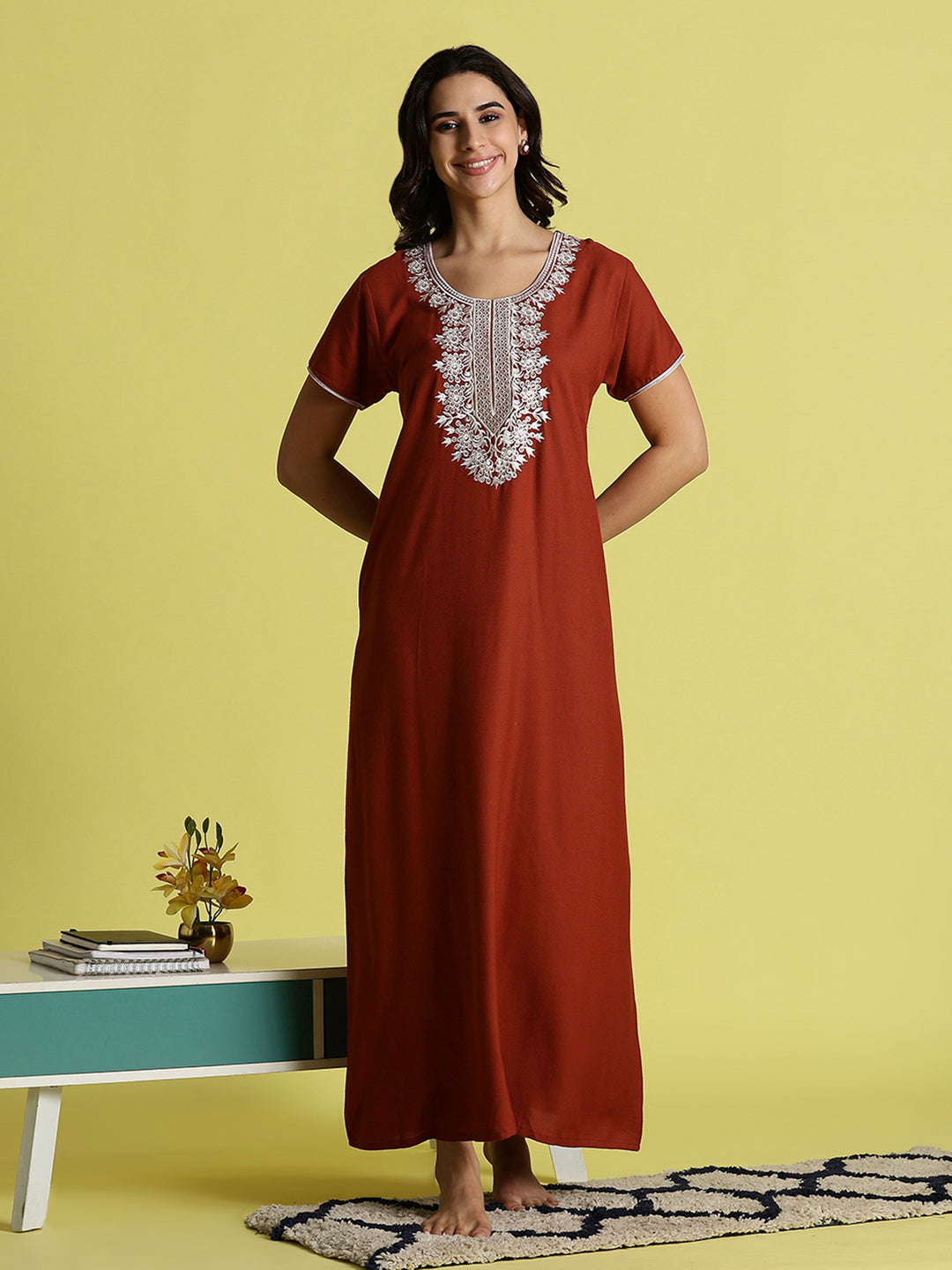 Sadabahar Orange Alpine Embroidered A-Line Designer Nighty with Pocket
