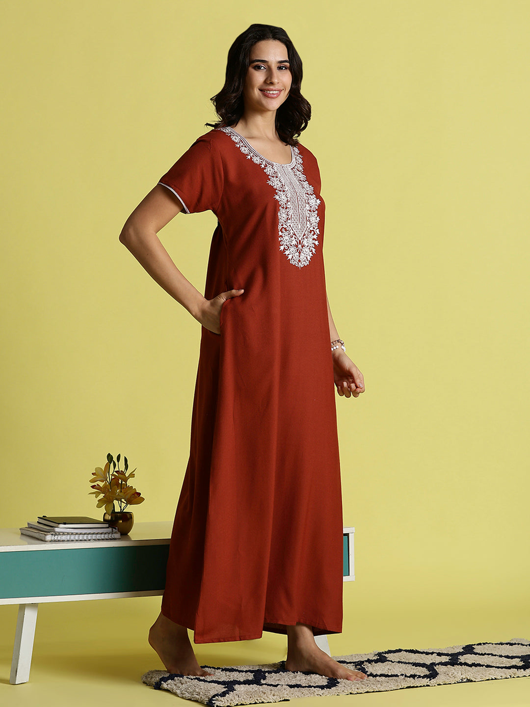 Sadabahar Orange Alpine Embroidered A-Line Designer Nighty with Pocket