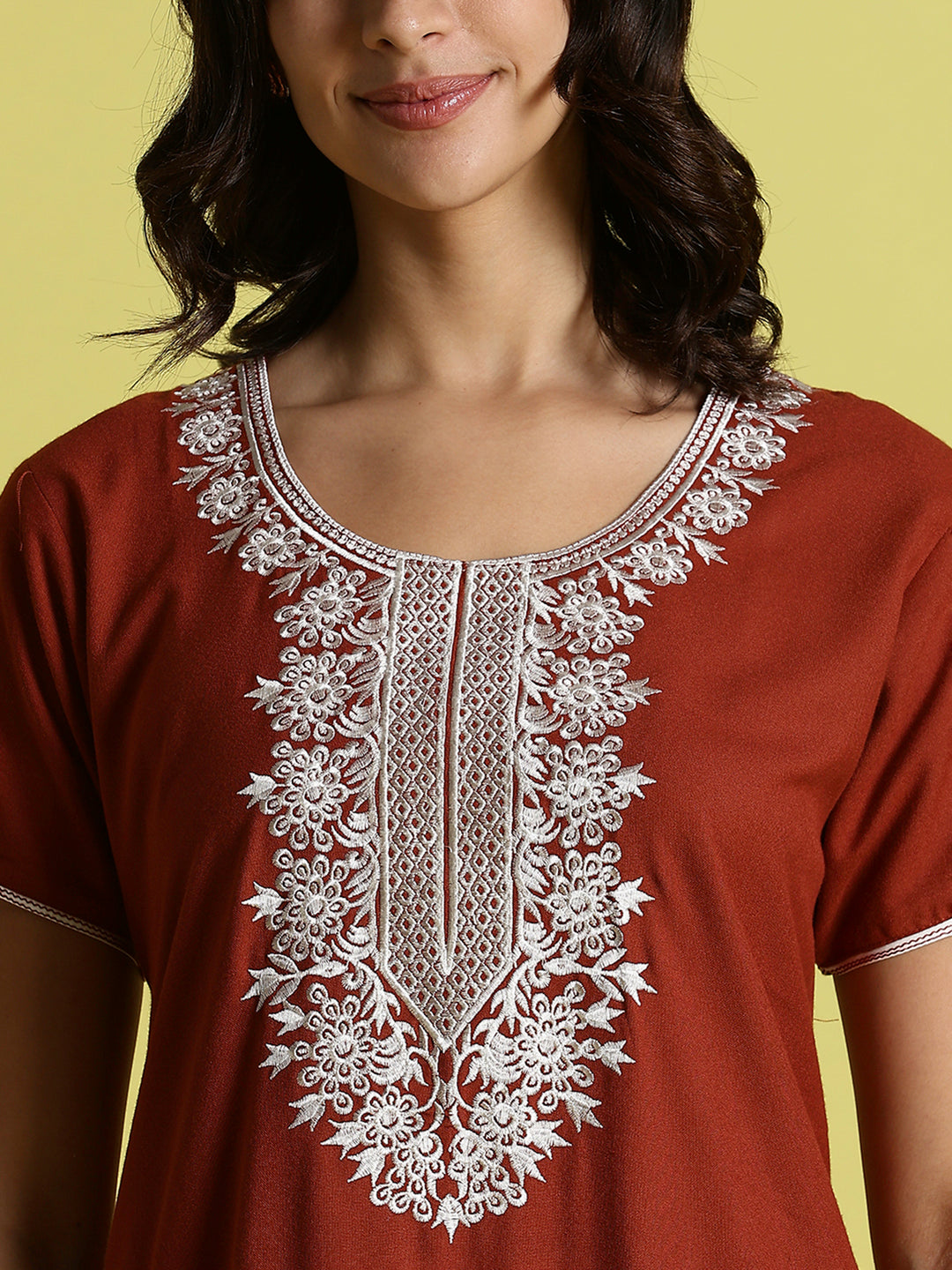 Sadabahar Orange Alpine Embroidered A-Line Designer Nighty with Pocket