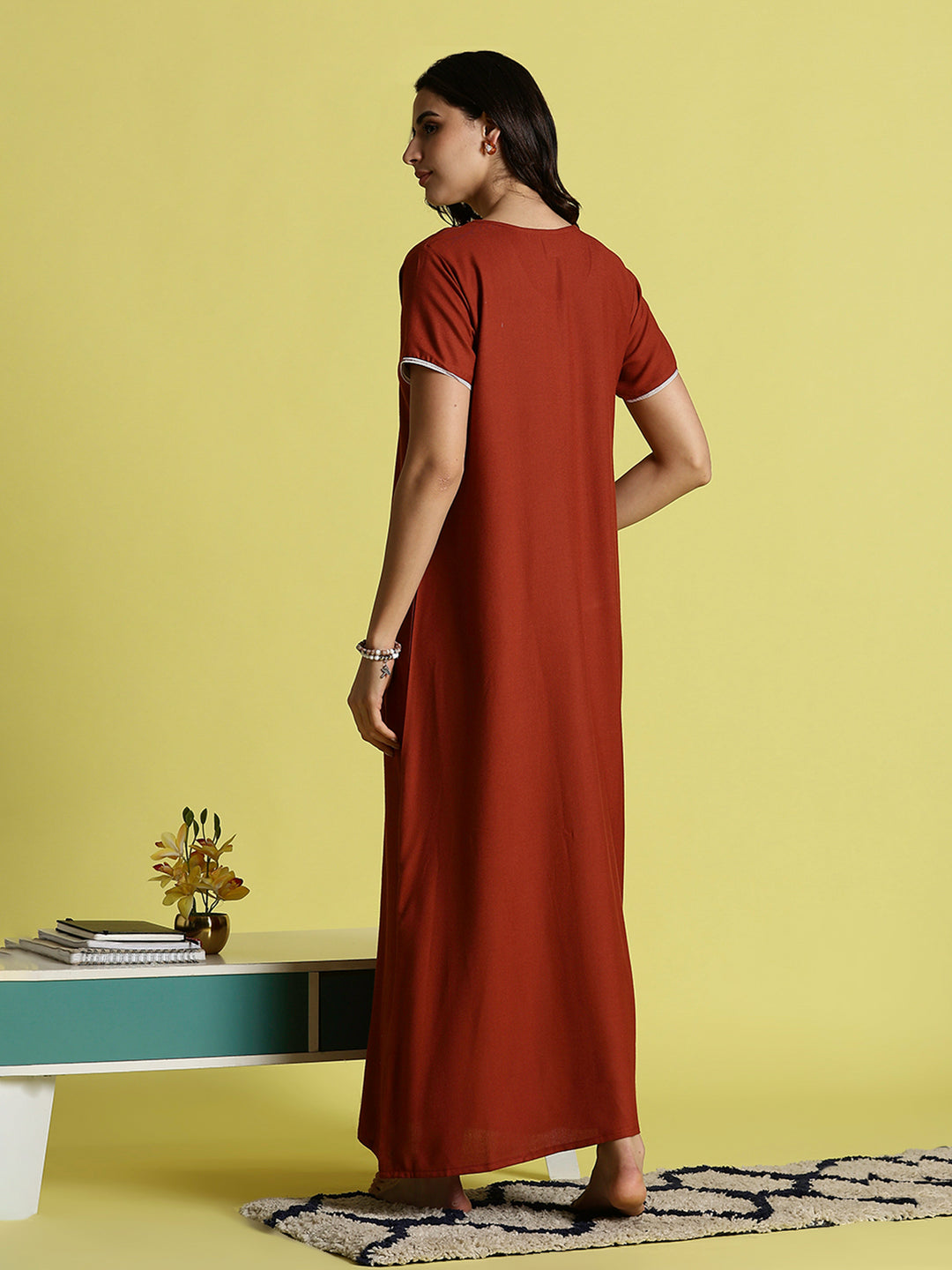 Sadabahar Orange Alpine Embroidered A-Line Designer Nighty with Pocket