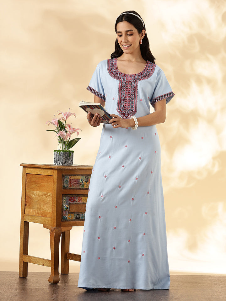 Pastel Blue Alpine Embroidered Branded Cozy Nighty for Women