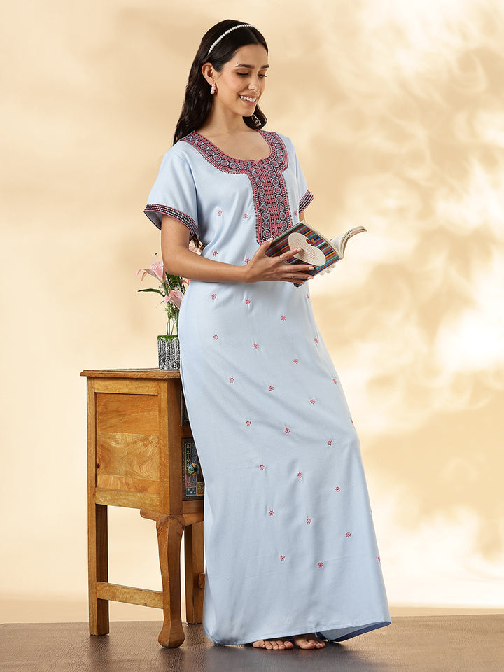 Pastel Blue Alpine Embroidered Branded Cozy Nighty for Women