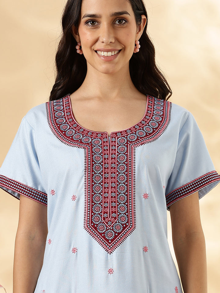 Pastel Blue Alpine Embroidered Branded Cozy Nighty for Women