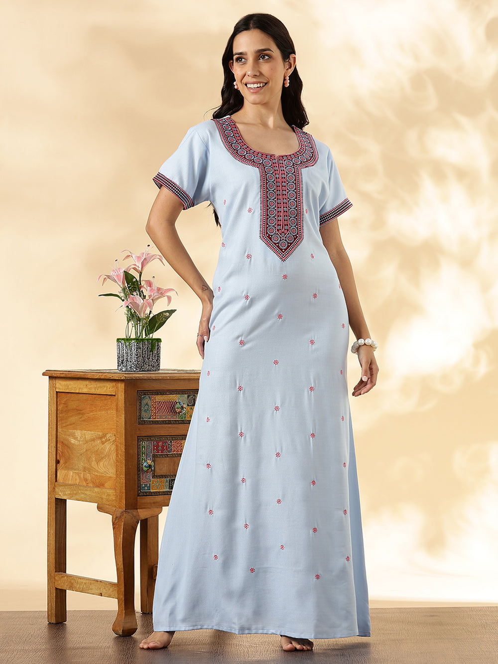 Pastel Blue Alpine Embroidered Branded Cozy Nighty for Women