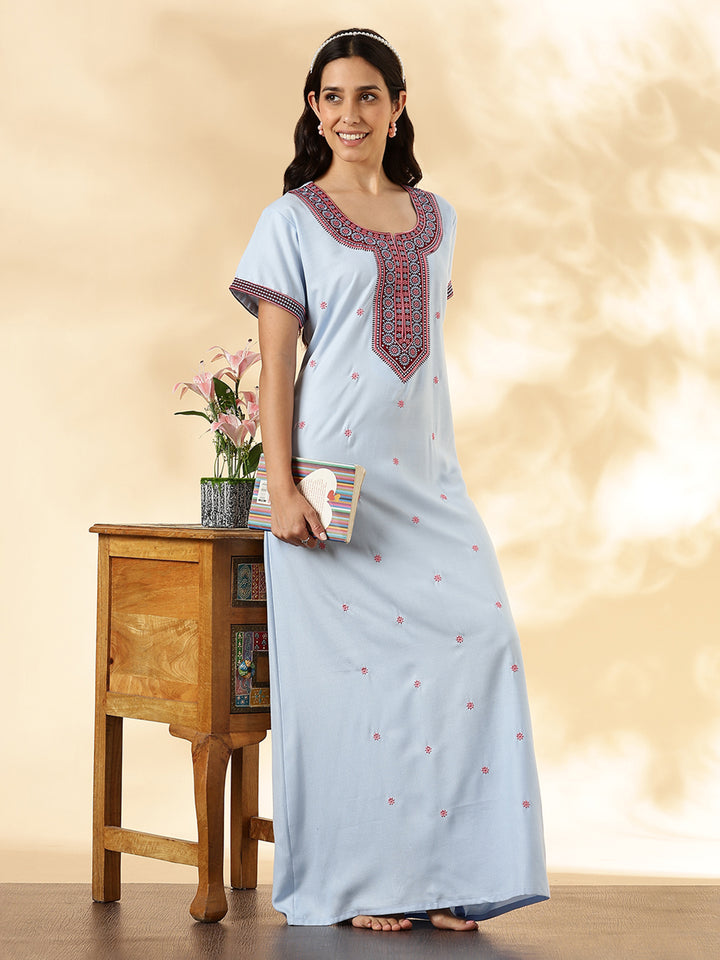 Pastel Blue Alpine Embroidered Branded Cozy Nighty for Women