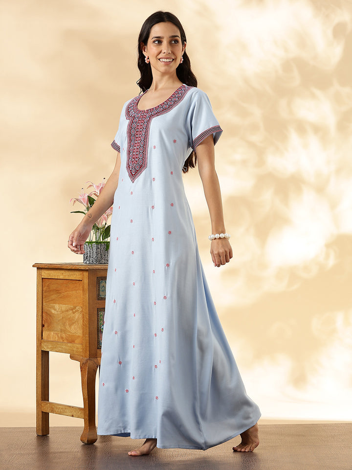 Pastel Blue Alpine Embroidered Branded Cozy Nighty for Women