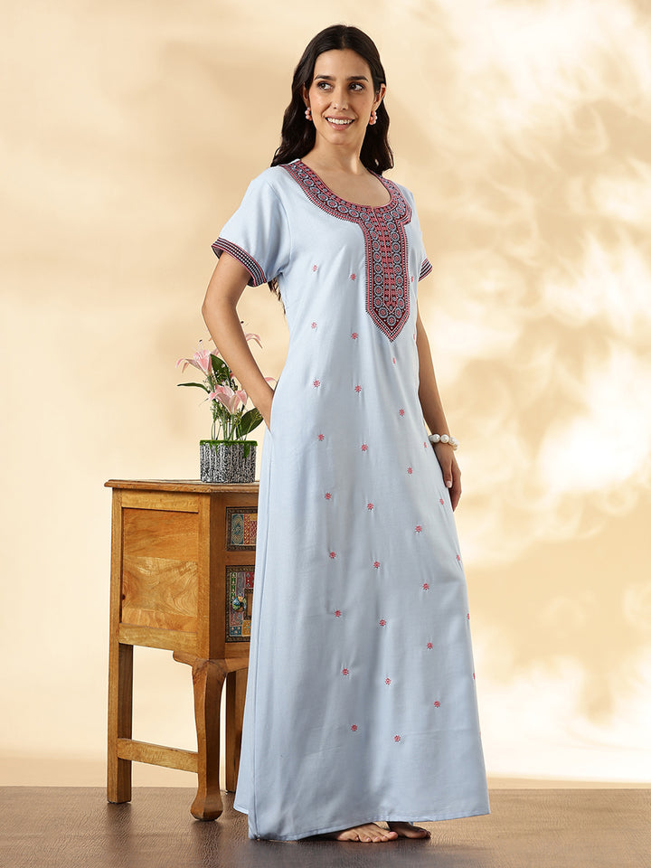 Pastel Blue Alpine Embroidered Branded Cozy Nighty for Women