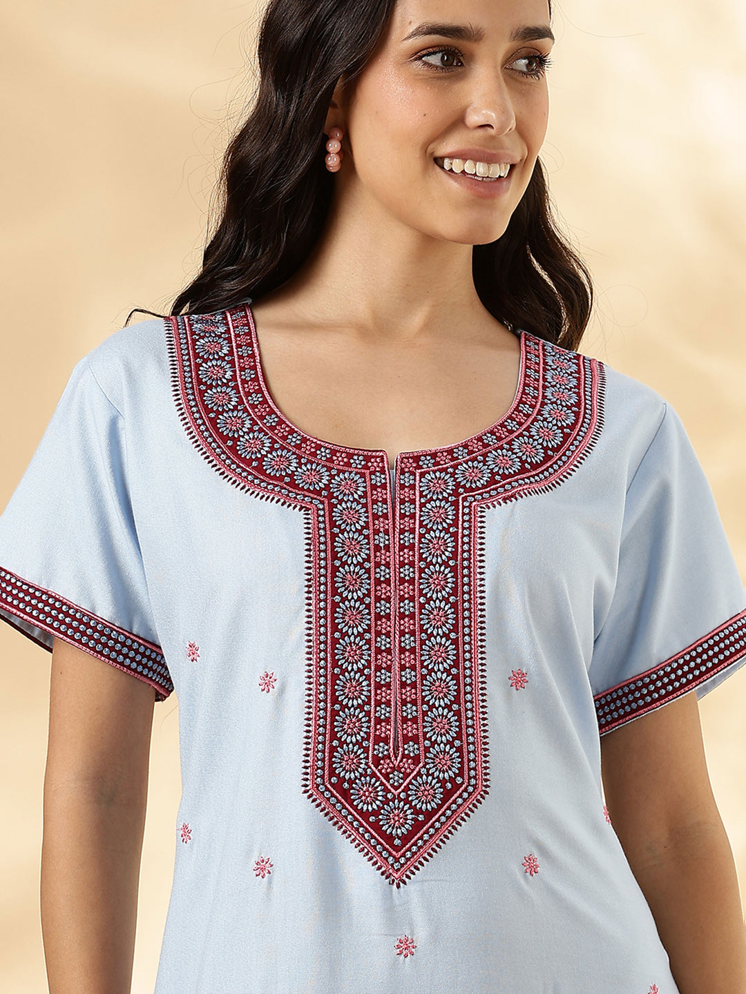 Pastel Blue Alpine Embroidered Branded Cozy Nighty for Women