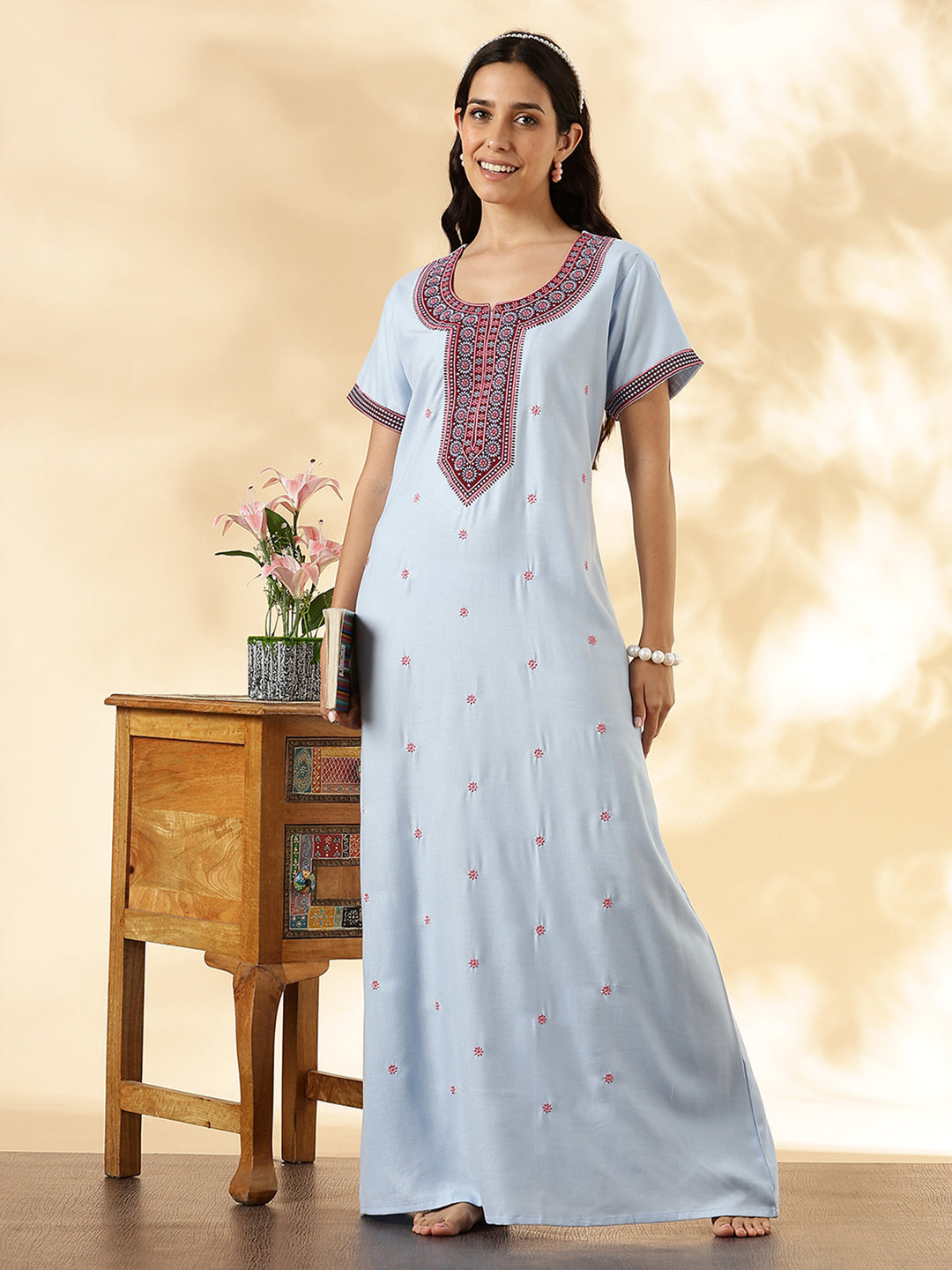 Pastel Blue Alpine Embroidered Branded Cozy Nighty for Women