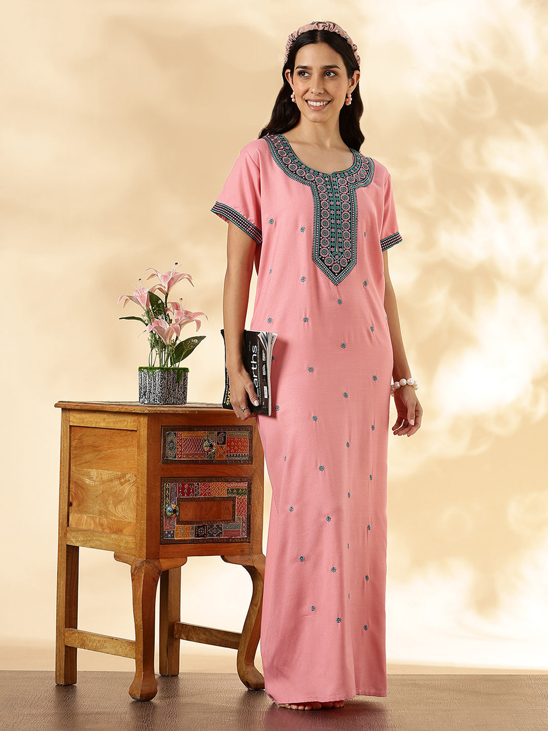 Pastel Rose Embroidered Alpine Nighty dress for Women