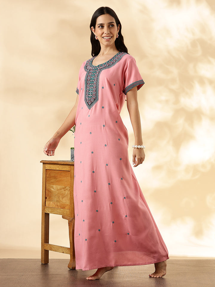 Pastel Rose Embroidered Alpine Nighty dress for Women