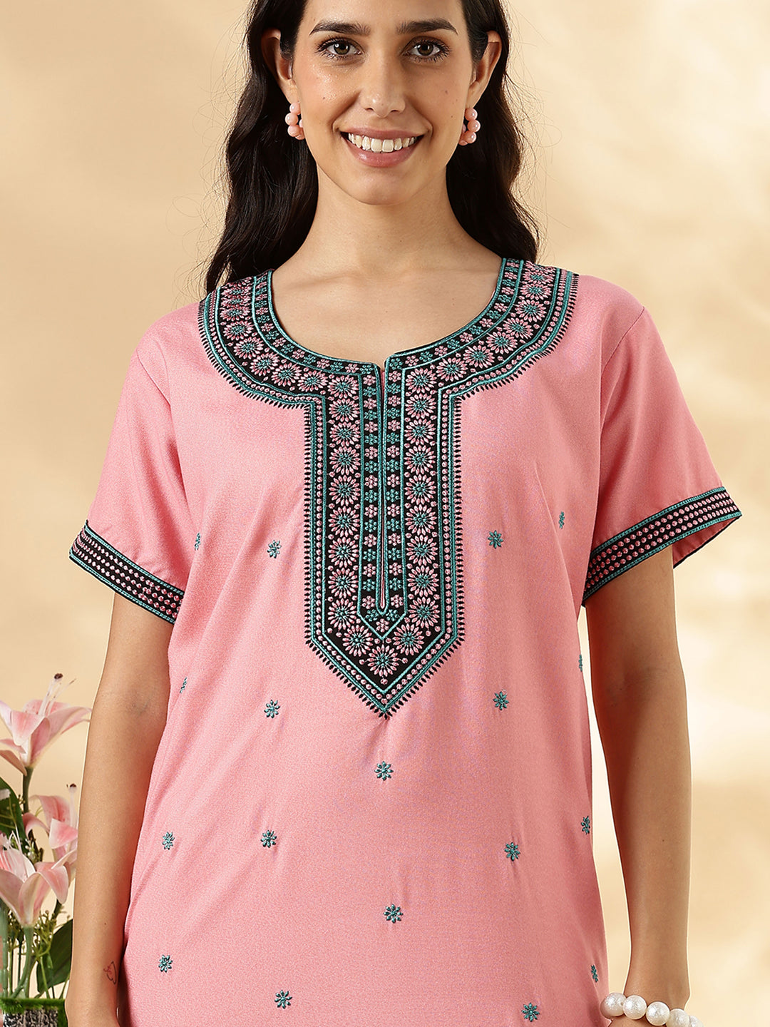 Pastel Rose Embroidered Alpine Nighty dress for Women