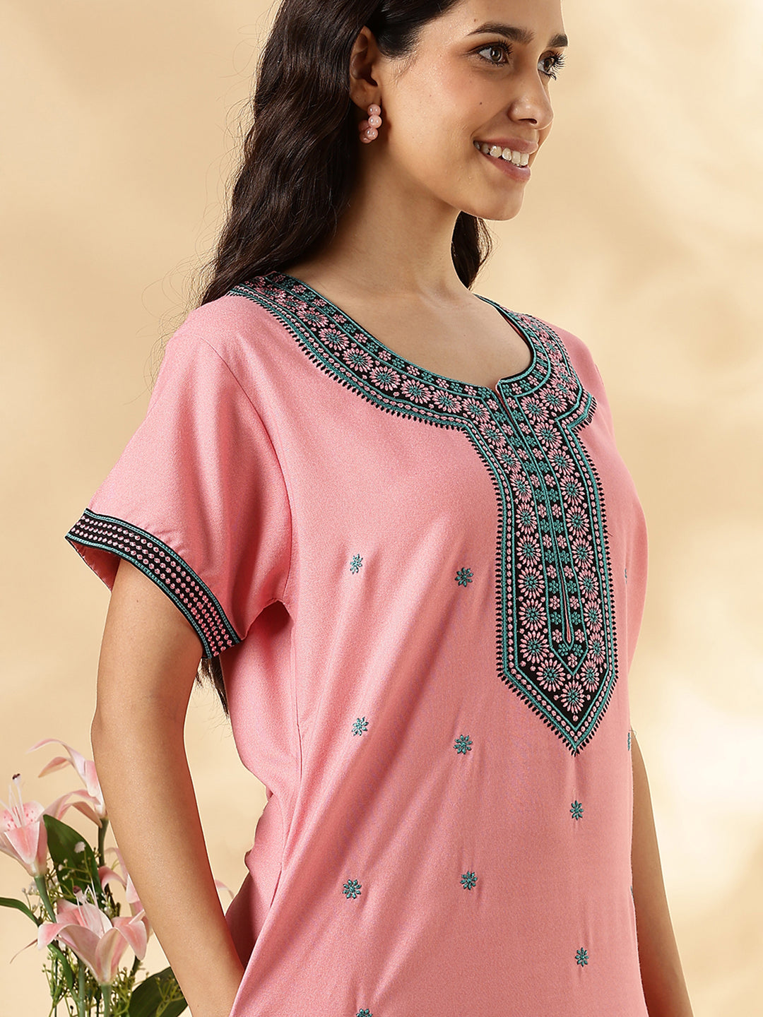 Pastel Rose Embroidered Alpine Nighty dress for Women