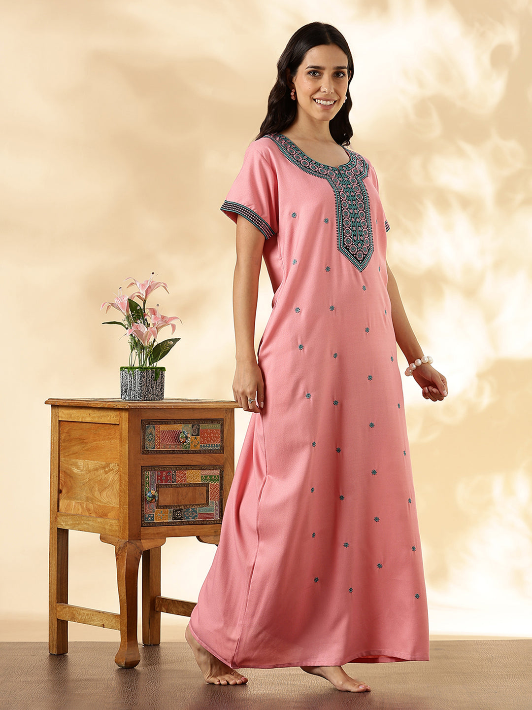 Pastel Rose Embroidered Alpine Nighty dress for Women
