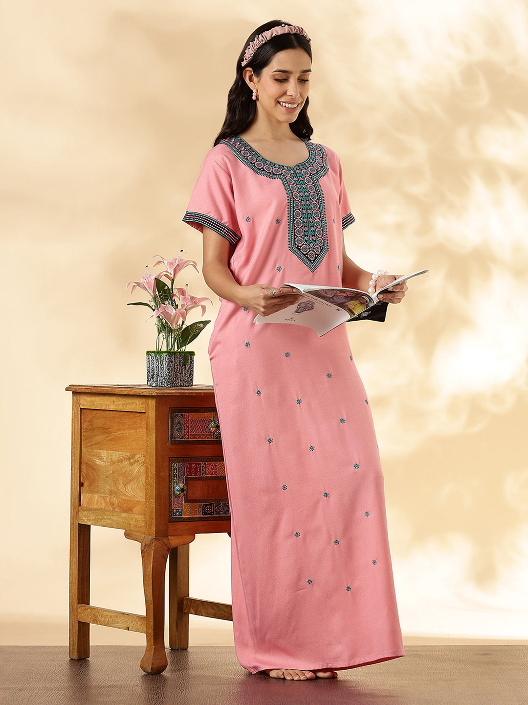 Pastel Rose Embroidered Alpine Nighty dress for Women