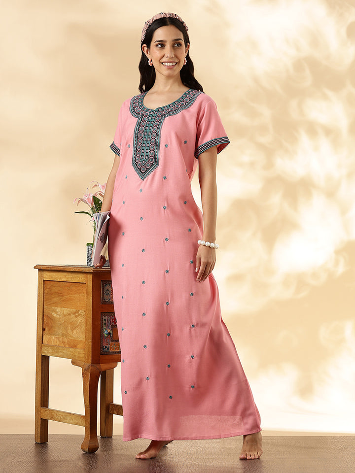 Pastel Rose Embroidered Alpine Nighty dress for Women