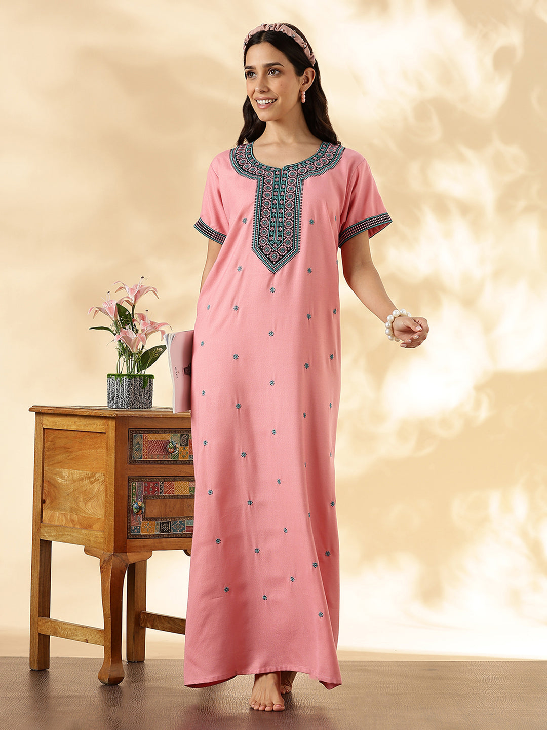 Pastel Rose Embroidered Alpine Nighty dress for Women