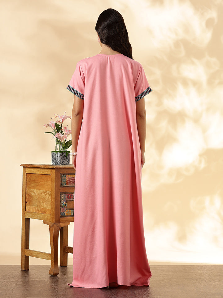 Pastel Rose Embroidered Alpine Nighty dress for Women