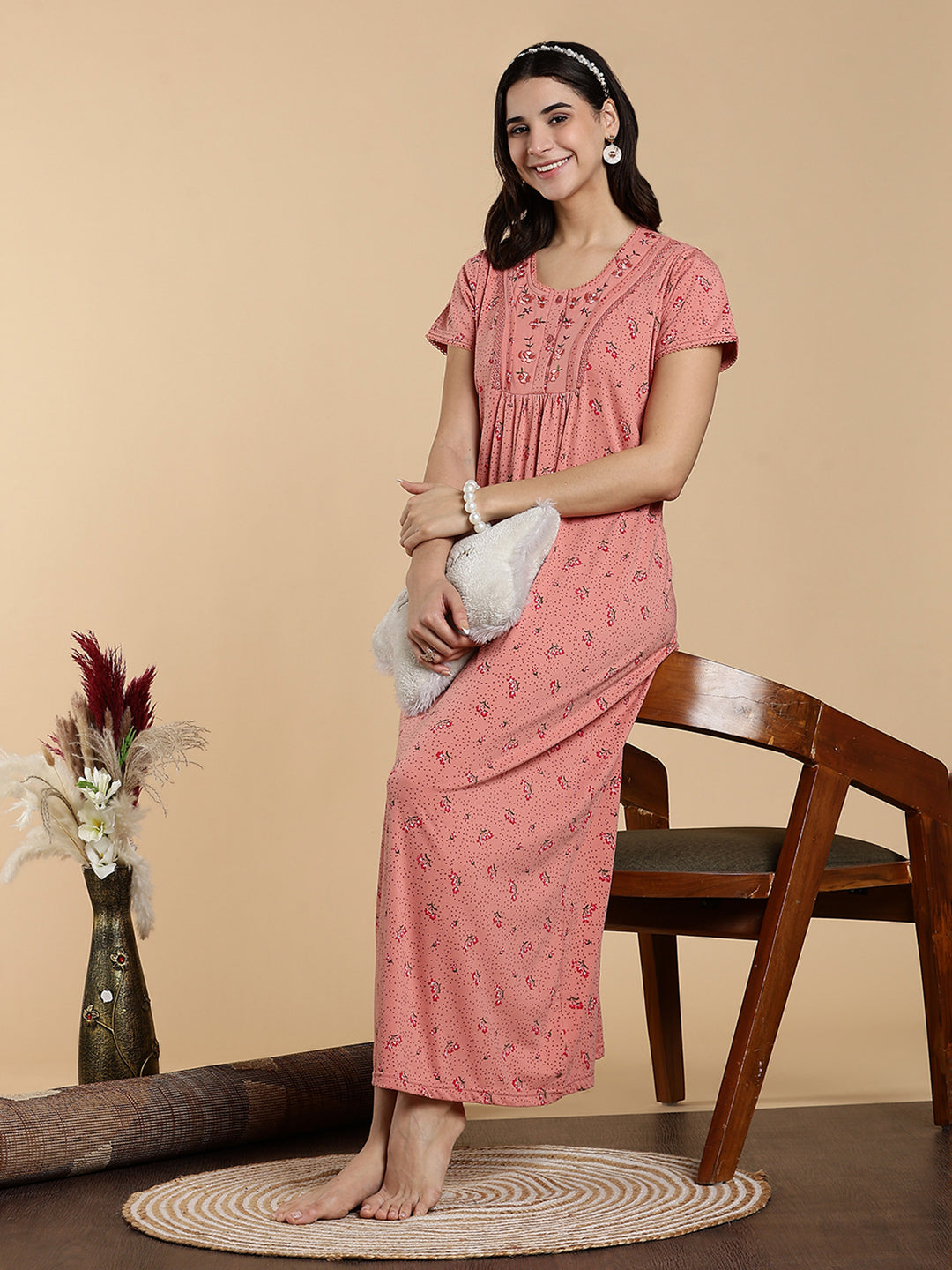 Soft Coral Peach Cotton Blend Branded Nighty for Women