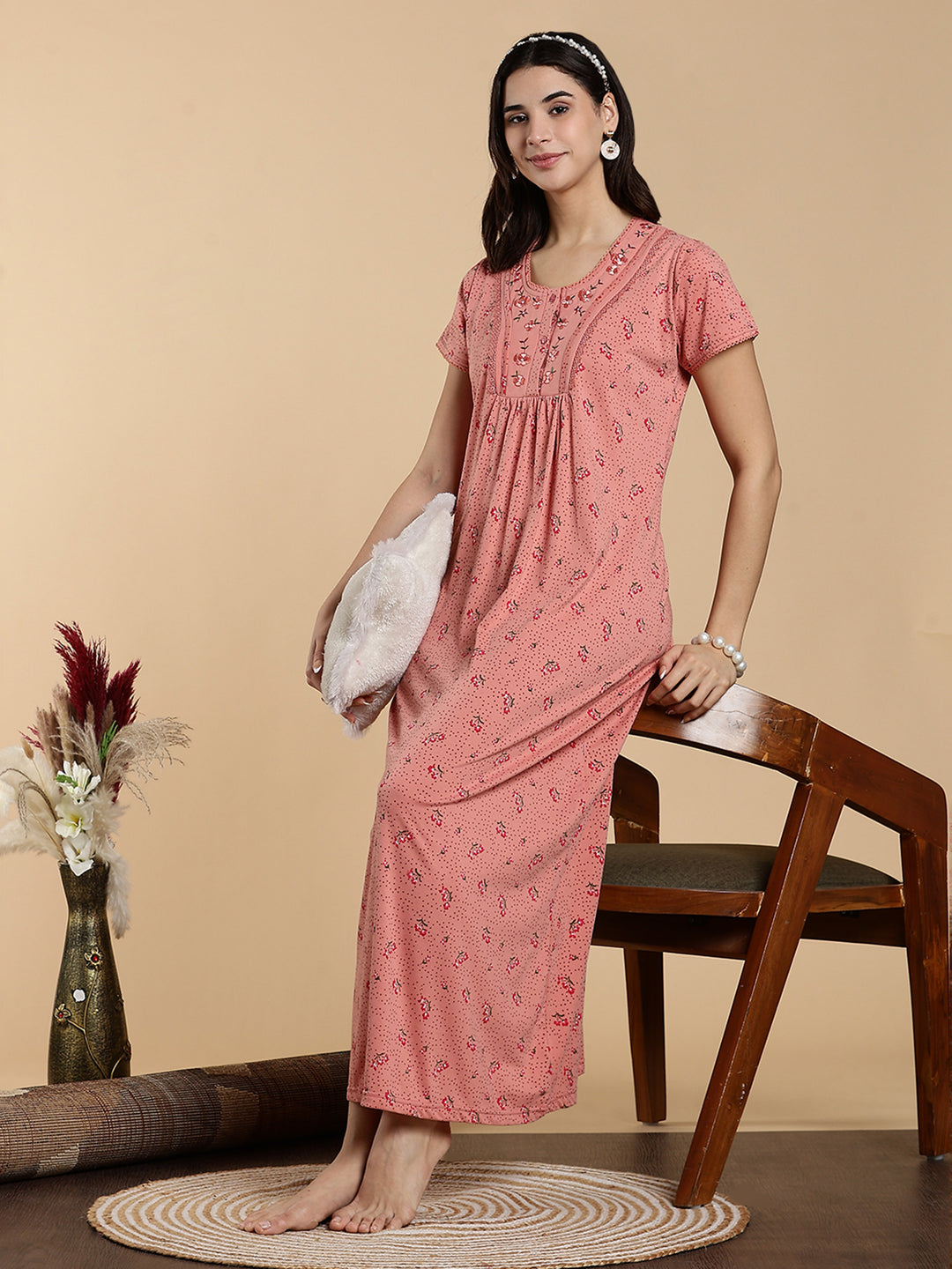 Soft Coral Peach Cotton Blend Branded Nighty for Women