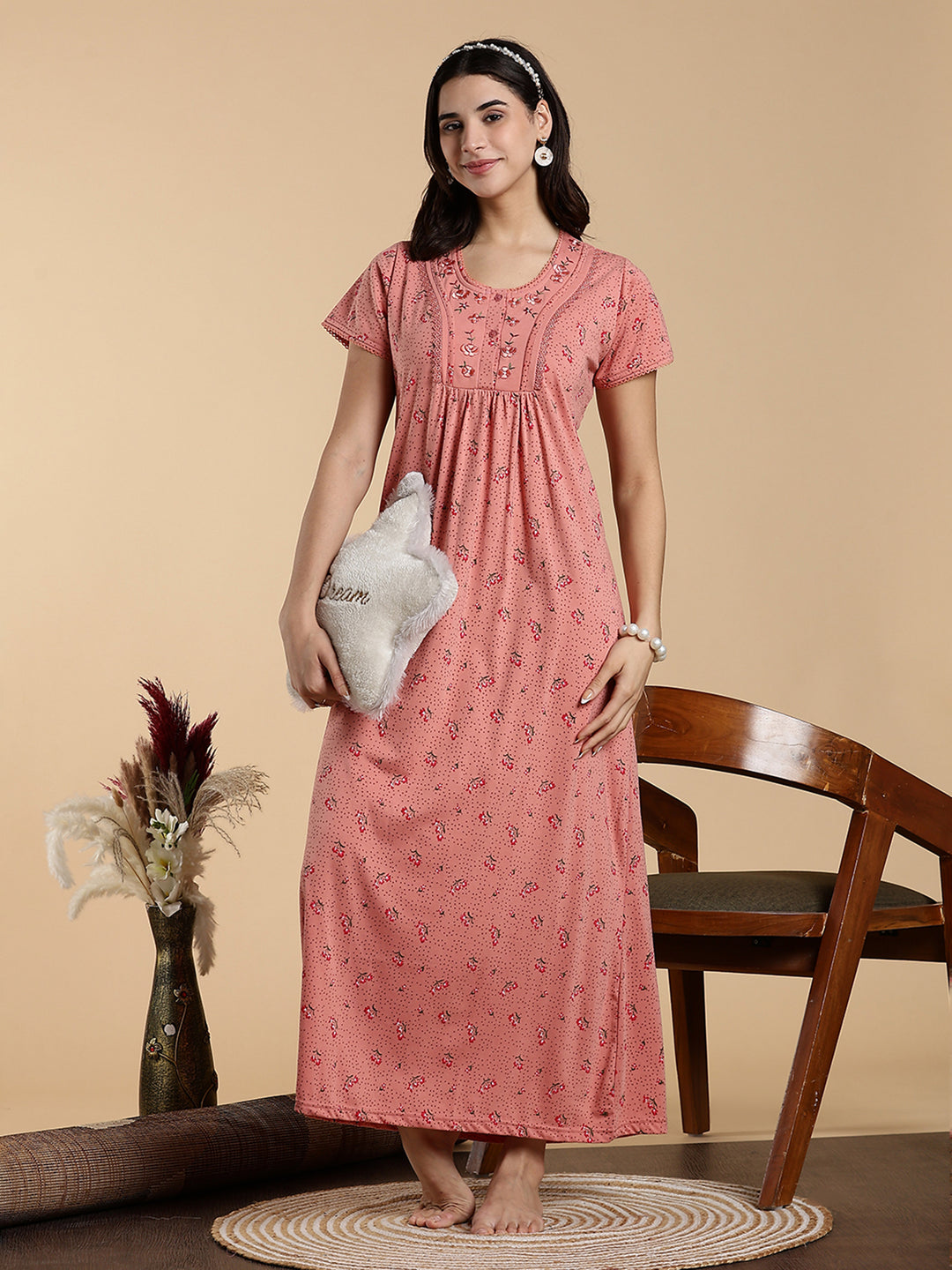 Soft Coral Peach Cotton Blend Branded Nighty for Women