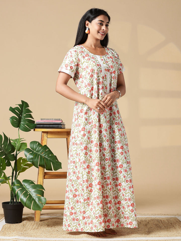 Peach Cream A-Line Pure Cotton Nighty for Women