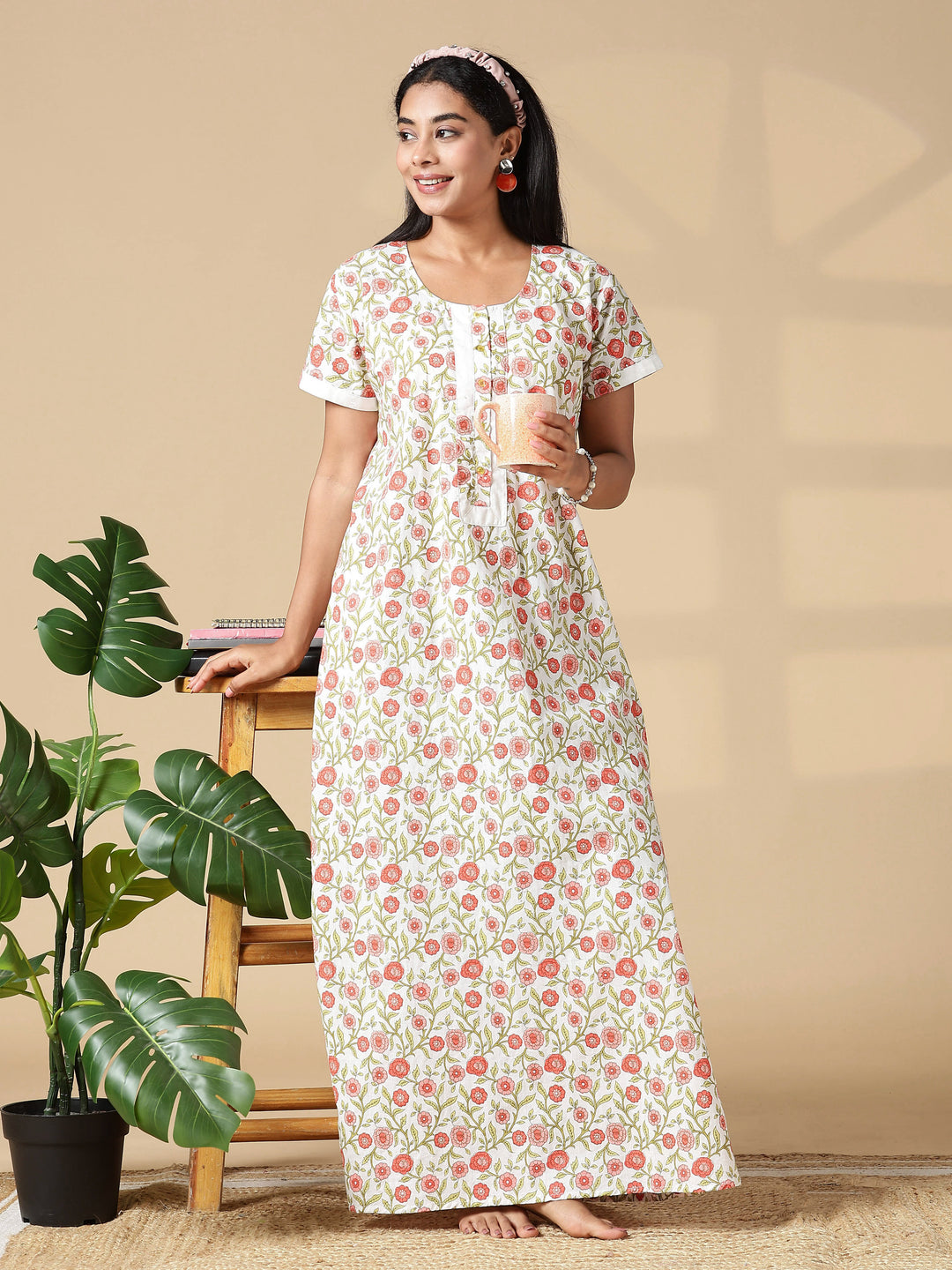 Peach Cream A-Line Pure Cotton Nighty for Women