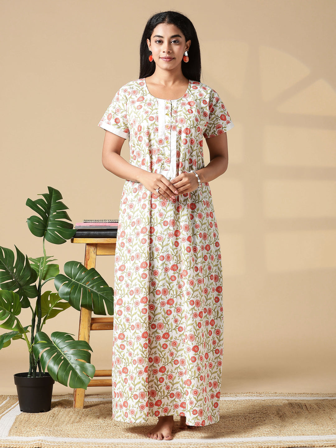 Peach Cream A-Line Pure Cotton Nighty for Women